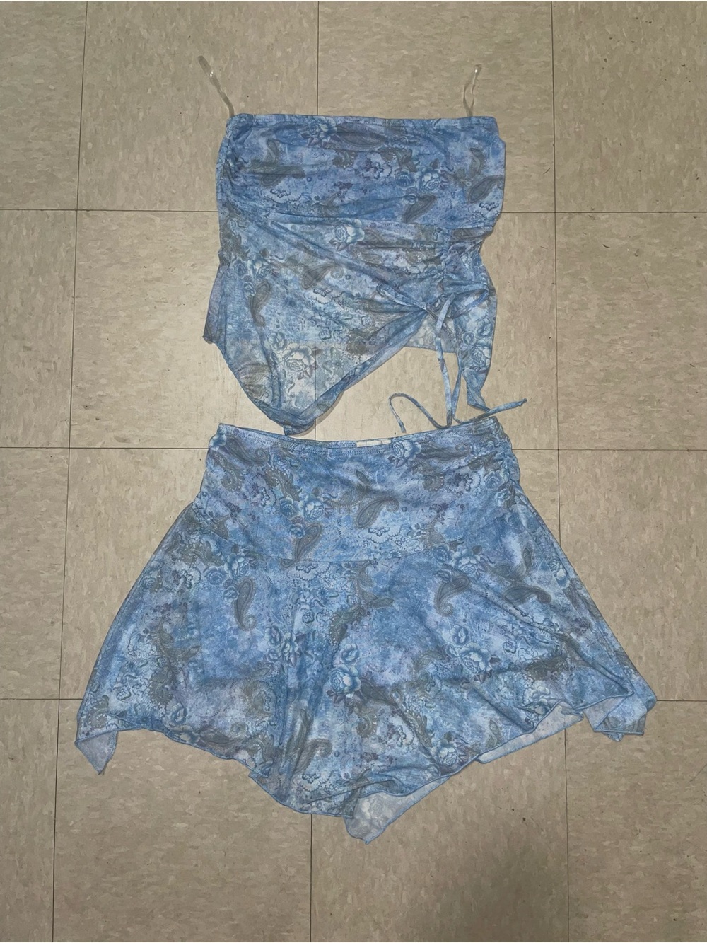 Blue Paisley Two-Piece Strapless Top and Skirt Set